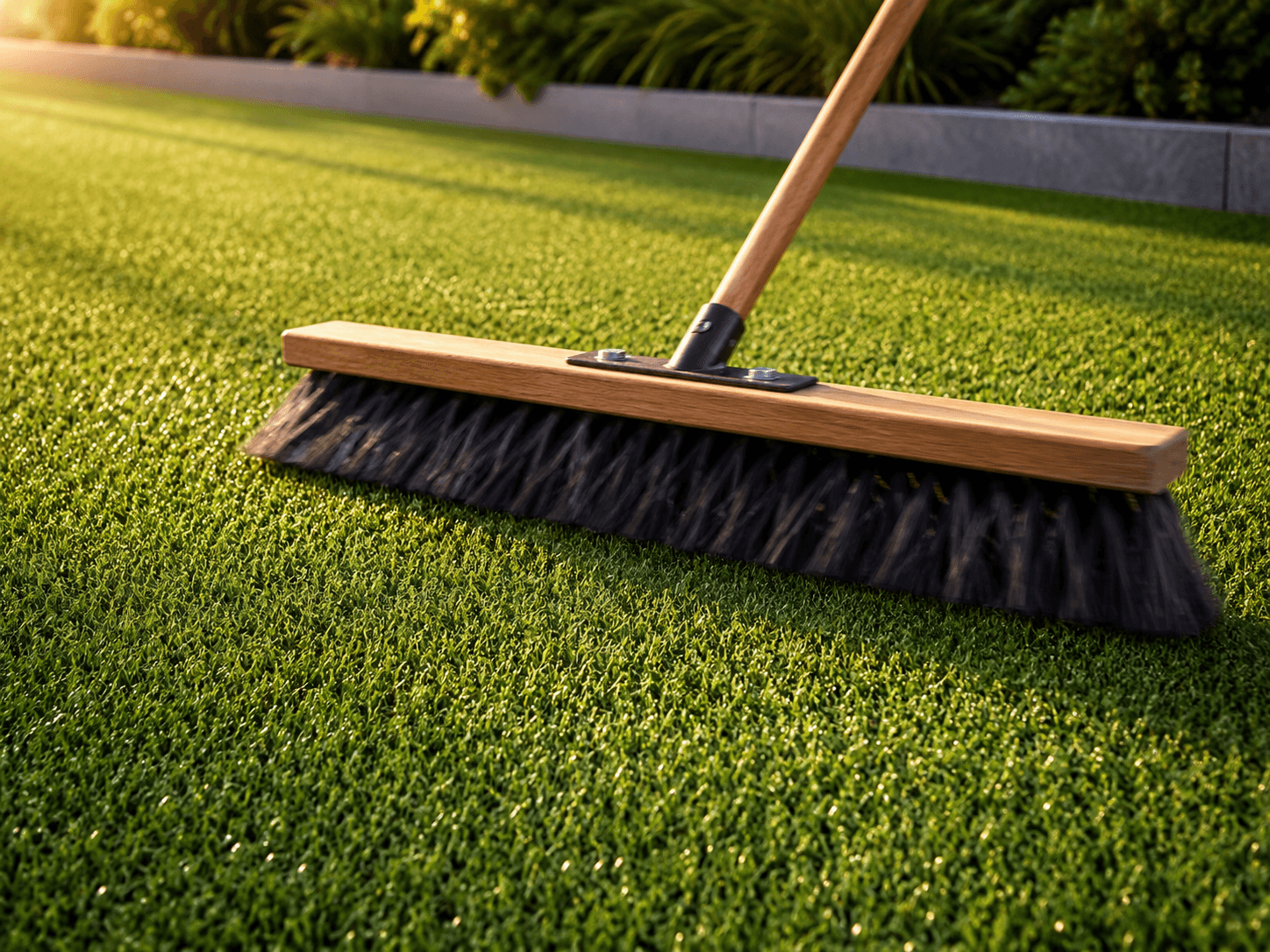 Brushing artificial turf with a stiff broom