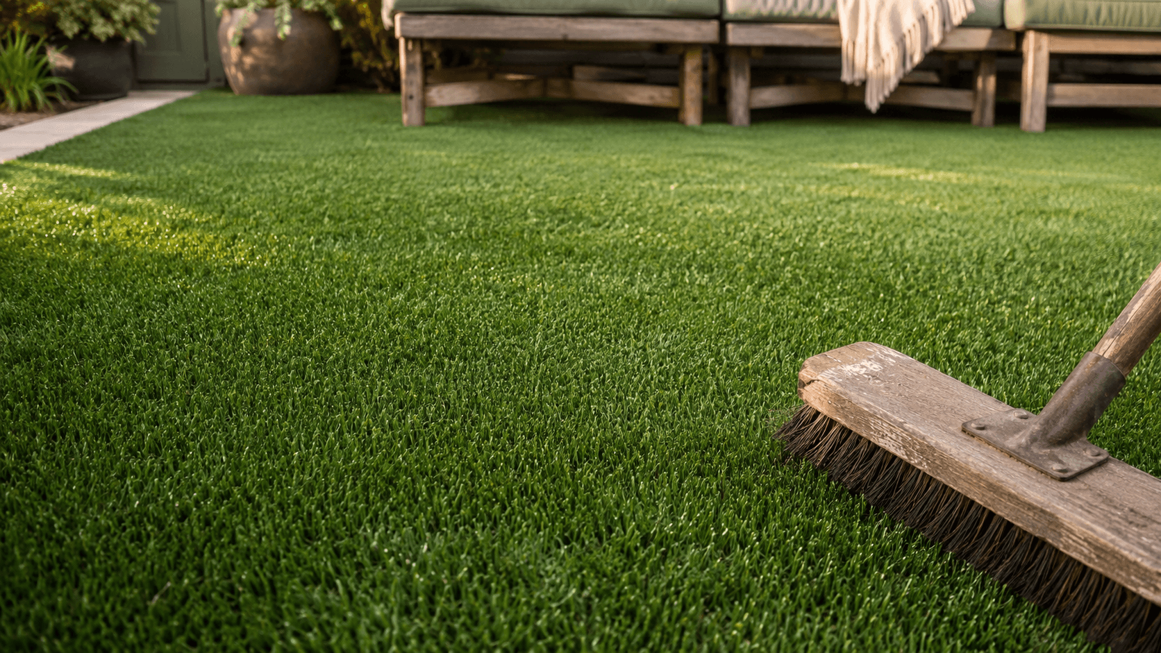 Mature artificial turf yard, still in good condition after years