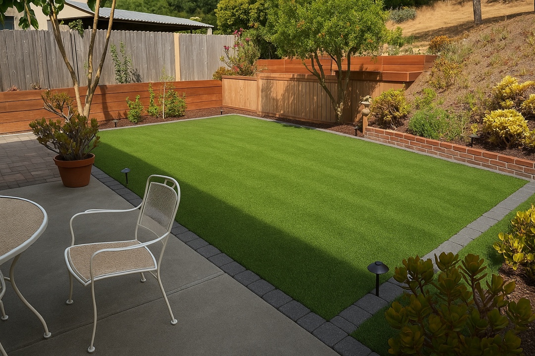 Backyard after Rainline Turf Co. install — AI-rendered preview